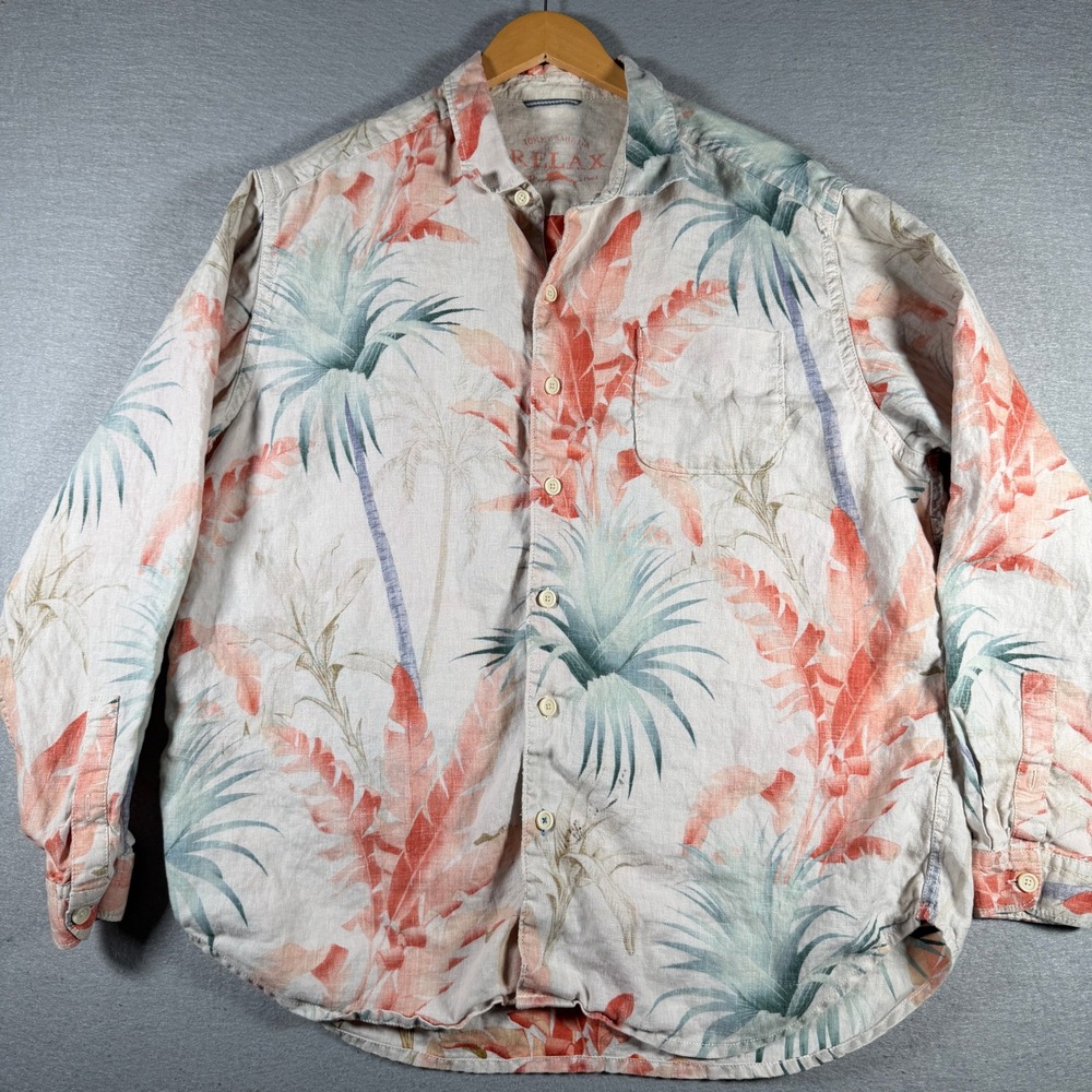 Tommy Bahama Relax Men XL Linen Tropical Palm Leaf Button Down Shirt Beige Coral